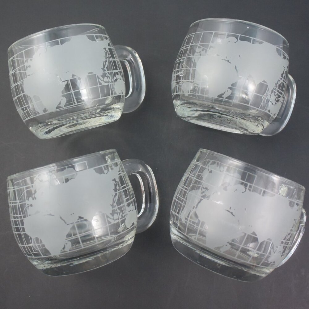 4 Vintage Nescafe Etched Clear Glass World Map Coffee Mugs